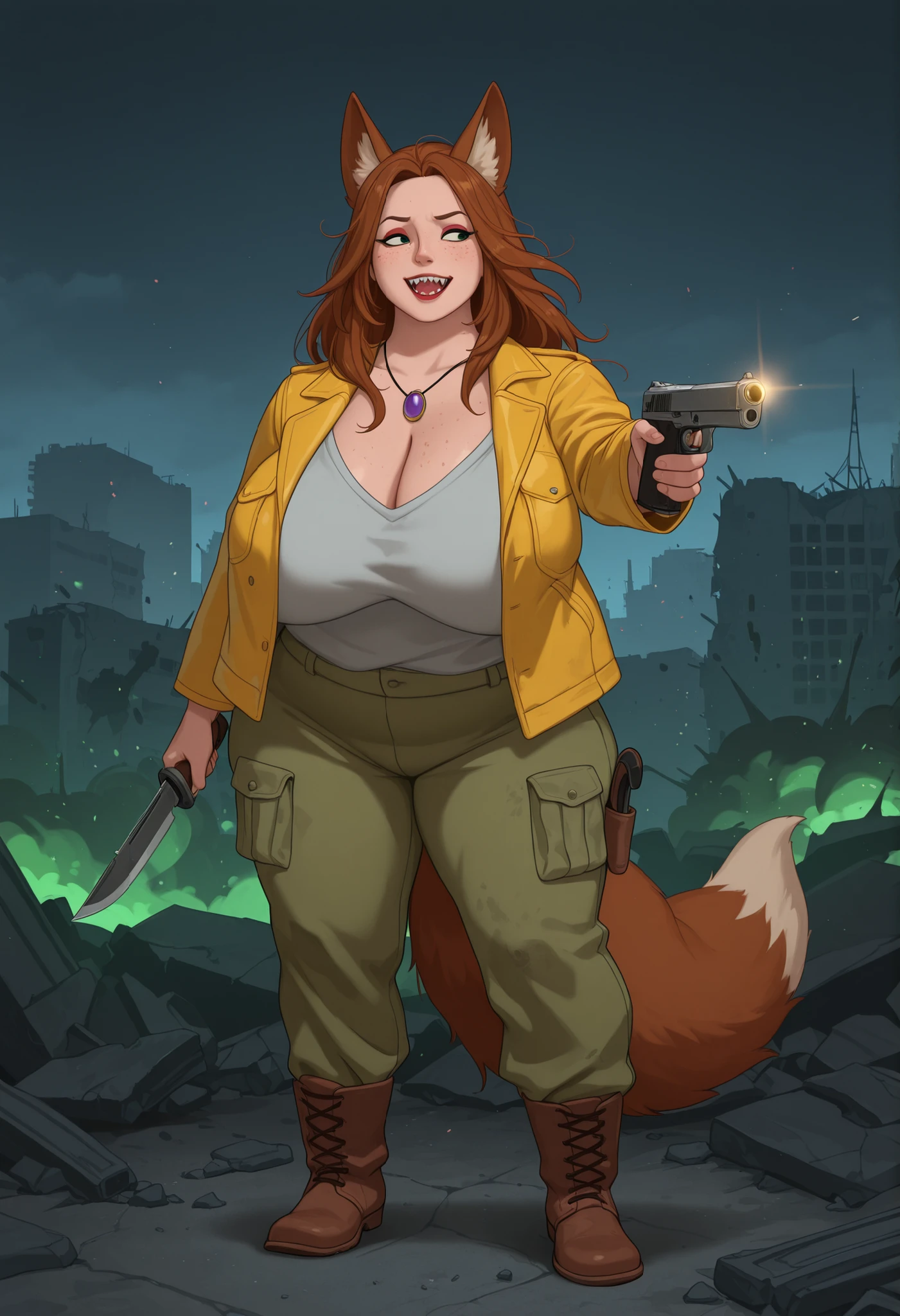 Debra, huge saggy breasts. Pale red lipstick, brown hair,black eyes, pale red makeup, long hair, thick hips, chubby, overweight, mature woman. | masterpiece, best quality, 1girl, solo, mix of science fiction and cowboy western, cowboy hat, dieselpunk, atompunk, fallout \(series\), toothy smile, dark sky, evening, messy hair, flying hair BREAK woman, fox woman, white face, fox ears, fox tail, sharp ears, skin, fur on sides of head, mutant, thick tail, (freckles), pendant, crude purple crystal pendant, purple pendant, tall, trained, BREAK ruined city, post-apocalypse, detailed eyes, sharp teeth, emerald eyes, realistic eyes, large hat, leather coat, unworn headwear, cargo pants, withered clothes, boots, explosions, green plasma shots flying around, green explosion, city ruins, withered buildings BREAK beautiful, tomboy, grey shirt, yellow jacket, excited, slightly open mouth, sharp teeth, bright eyes, cinematic lighting, futuristic gun, knife, motion, in city, BREAK 1girl, pistol_x_tac_knife, holding pistol and knife, finger on trigger, aiming, combat knife, perfect composition, looking away, knife in other hand