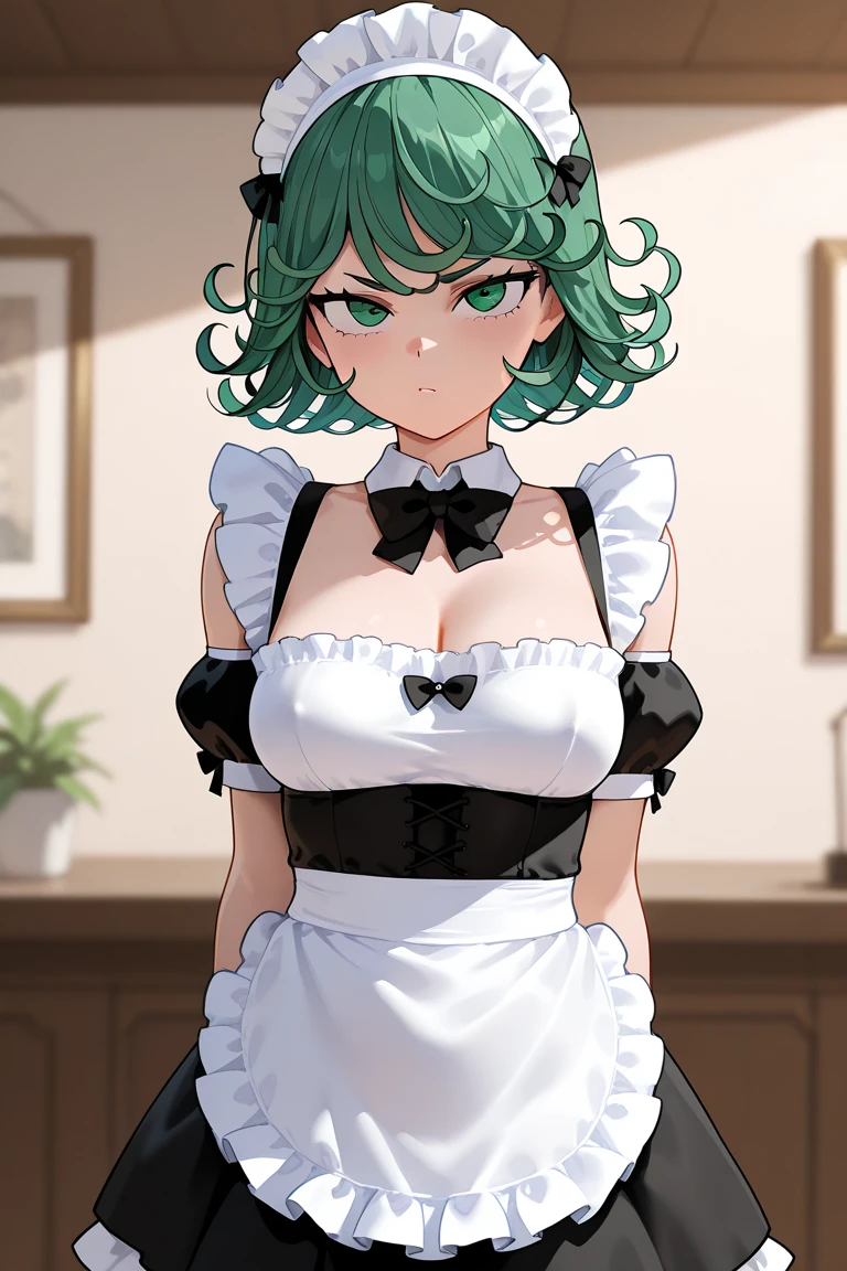 (Best Quality, Masterpiece),sexy mommy, Front cover of a women's cooking magazine,  erotic, 18+, nsfw, 1girl, 30 years old, green lipstick, Contempt, pride, hourglass figure, high heels, sexy Maid costume, beautiful food, text, diagrams, advertisements, magazine title, short black hair,green detailed sparkling eyes,