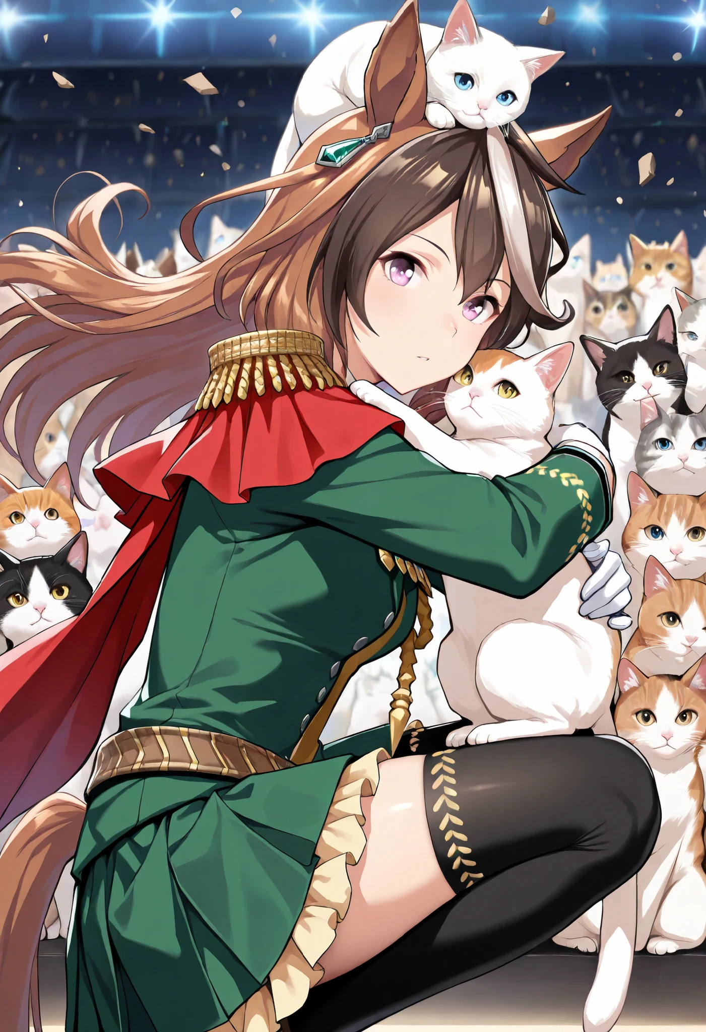 (masterpiece, best quality, perfect face:1.4), (((close up face))), symboli rudolf \(umamusume\), 1girl, floating hair, brown hair, long hair, multicolored hair, horse ears, ear ornament, horse tail, tail on the lower back, proportional body, proportional, beautiful hair, beautiful face, beautiful detailed eyes, beautiful clavicle, beautiful body, beautiful chest, beautiful thigh, beautiful legs, beautiful fingers, looking at viewer, BREAK, epaulettes, single epaulette, black thighhighs, long sleeves, from side, white gloves, aiguillette, green jacket,, yellow frilled green skirt, red side cape, brown belt, BREAK, surprised with wide eyes, squatting, ((cat on top of head)), ((white cat on her lap)), ((holding white cat, hug)), (((surrounded by many cats))), realistic skin, textured skin, HDR, BREAK, good hands,