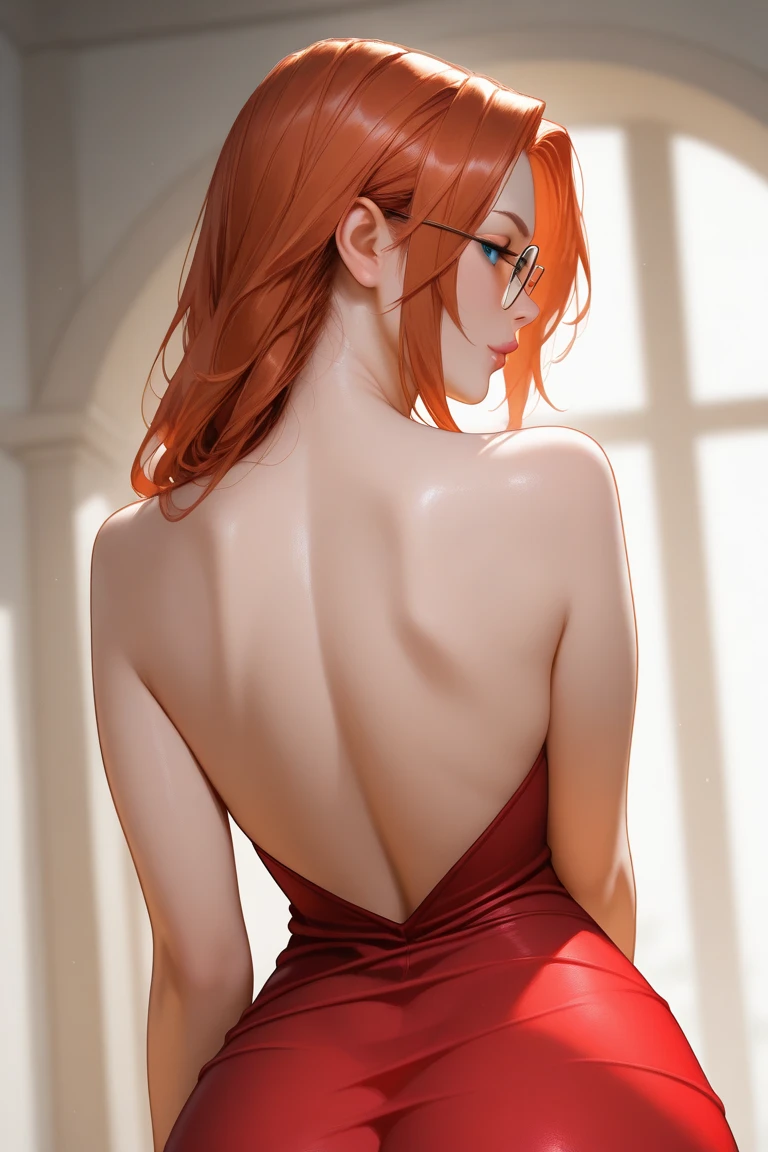 a detailed, high quality, ((fujiwara chika)),long sexy skirt,short top,large breasts,deep neckline,red clothing,sexy,topless, from behind,sexy butt,(best quality,4k,8k,highres,masterpiece:1.2),ultra-detailed,(realistic,photorealistic,photo-realistic:1.37),detailed textures,studio lighting,ultra-fine painting,sharp focus,physically-based rendering,extreme detail description,professional,vivid colors,bokeh,portrait