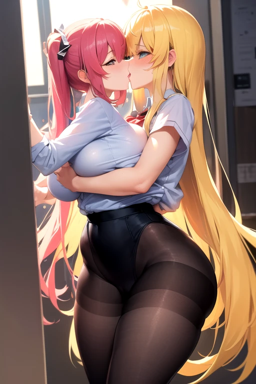 1girl, pantyhose, skirt, solo, shirt, white_shirt, looking_at_viewer, black_footwear, pencil_skirt, ass, black_skirt, long_sleeves, necktie, eyewear_on_head, smile, long_hair, sunglasses, office_lady, breasts, black_pantyhose, closed_mouth, bangs, collared_shirt, pink_eyes, red_necktie, ponytail, black_pantyhose, miniskirt, white background, simple background, sidelocks, hair_intakes, leaning_forward, from behind, ass, arm on own ass, spreading own ass, grabbing own ass, full body, high heels, kneeling