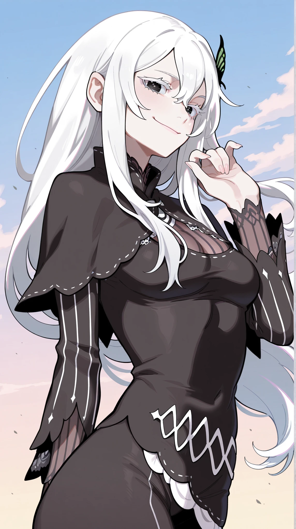 masterpiece, best quality, amazing quality, solo, 1girl,Echidna \(Re:Zero\), highres, hyper-detailed,white hair,white eyelashes,smile,looking at the viewer,sky background,wind moving her hair,wind,pretty,black eyes,sun light