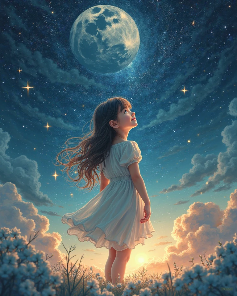 A little girl in a snow-white dress looks up at the sky with her back to the sea,The background is night,Be there stars and shooting stars,On the opposite side of the sea there are many looming mountains