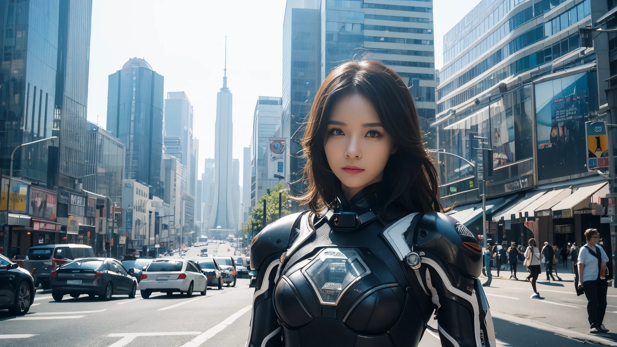 ((best quality)), (( masterpiece)), 3D, BEAUTIFUL WOMAN, Busy streets,(sci-fi city:1.3), Wearing a sci-fi exoskeleton,Stylish woman looking into the camera,complicated details that make my whole body shiver, 8K Post-production, high resolution , super detailed,Medium distance photography