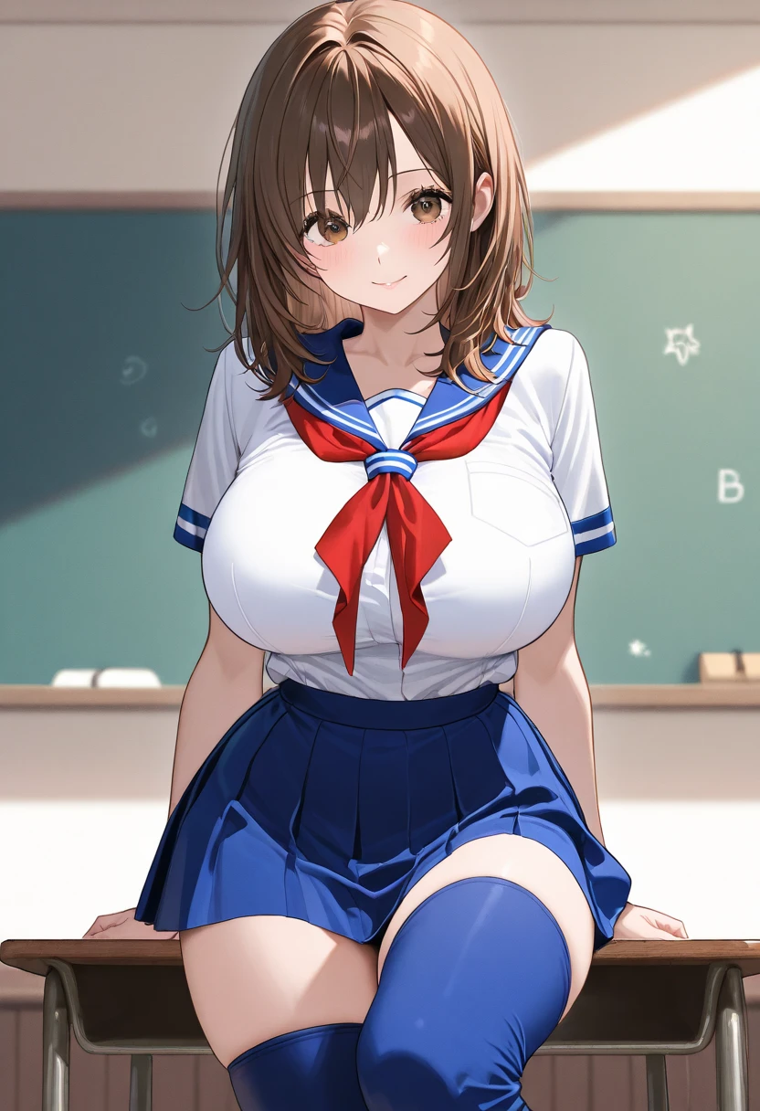 highest quality,masterpiece,8k,((((1girl)))),((big breasts:1.3)),orgasm,blush,sweat,takamachi nanoha,((school uniform)),short hair,twintail,hair ribbon,((mini skirt,lift skirt,upskirt,white thighhighs,white panties:1.1))