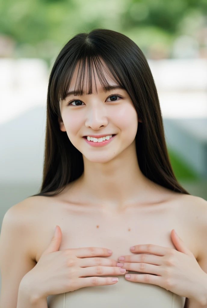 top-quality、​masterpiece、solo、a beautiful Japanese、sixteen years old、(nudity:1.3)、Happy smiling face、((looking at the viewers))、Blushing、cowboy shot, ((sit on picnic sheet)), lunch box