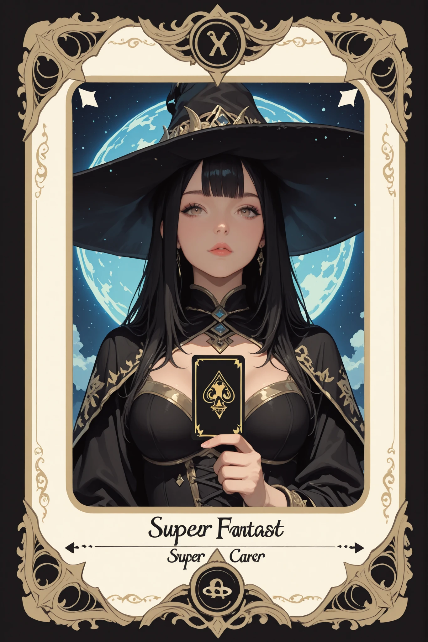 A beautiful black & gold card game card (((with fantasy super detailed edges))), with a hyperrealist cute hot girl printed in The Witch aesthetic and style
