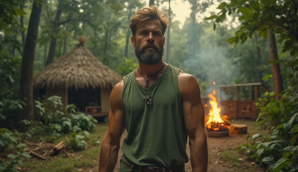 handsome young man, beautiful face, white soft skin, skinny, short hair, shirtless in a jungle collecting firewood, an axe in his hand, in the middle of the jungle behind him a house and three ugly bearded men watching him