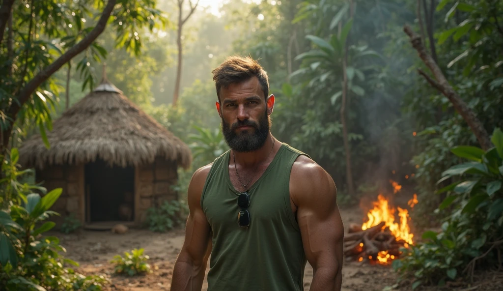 Masterpiece, Best Quality, High resolution, (1 chico:1.4), hiker, in hiking clothes, in hiking pants, wearing baseball cap, male focus, focus alone, tanned skin, 38-year-old man in forest, muscular, strong, furry, masculine, in the forest, night time, warm lighting, amazing composition, front view, HDR, volumetric lighting, (plano general, FROM THE FRONT:1.2) (GS-Macho :1.5) (magnificent landscape:1.2), macho, thick forearms, thick arms, huge thighs, charming smile with teeth, winking at camera, raunchy, scruff, camping, campfire background, night lighting, moonlight 
