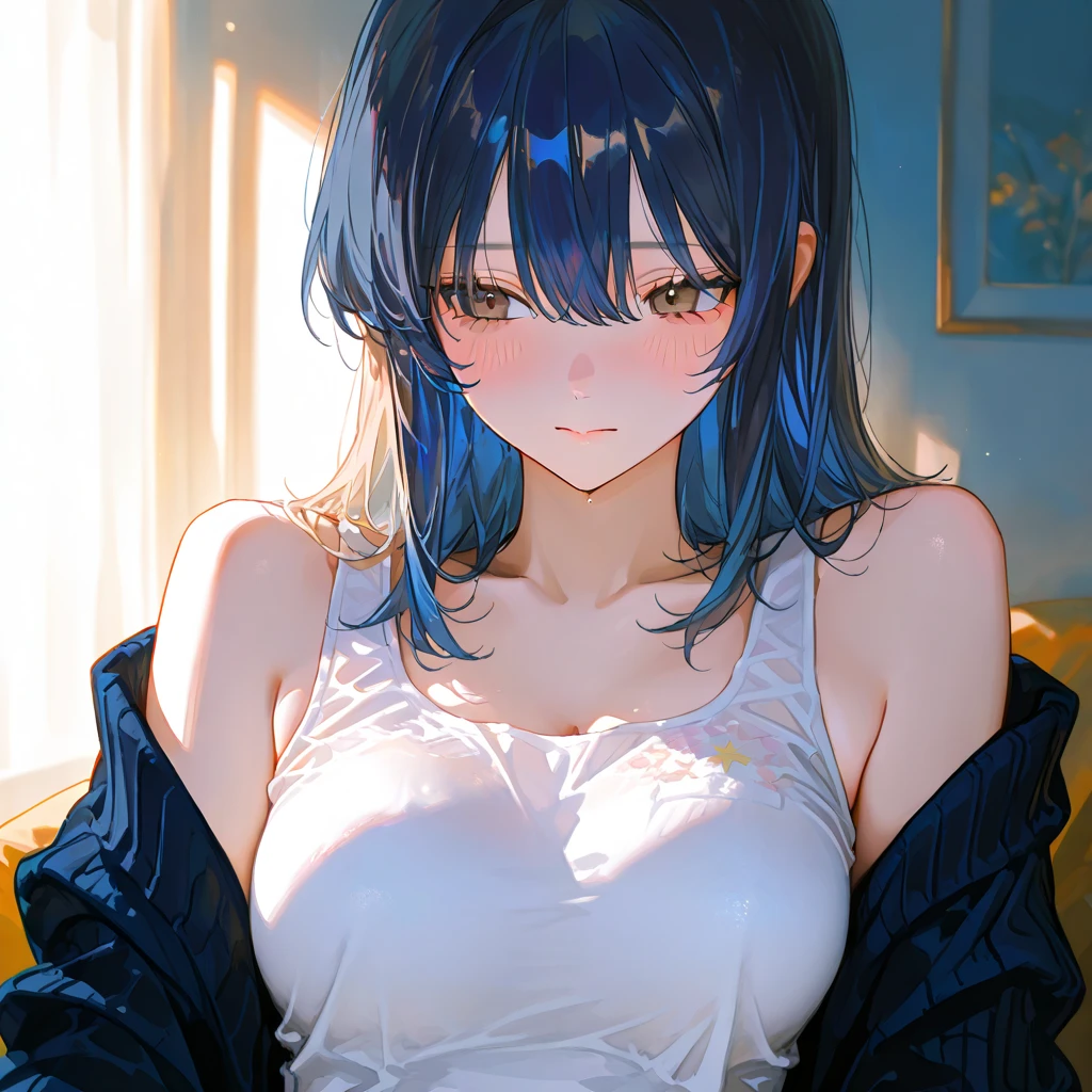 1girl, wolf girl, pale blue hair, yellow eyes, looking at viewer, indoors, unbuttoned shirt, on bed, <lyco:GoodHands-beta2:1>