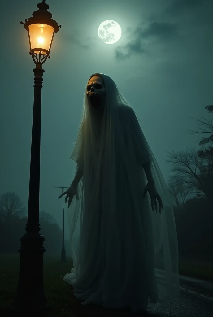 Create for me a horror photo of a female ghost with a scary face in a dark and macabre cemetery at night (The cemetery is dark and foggy)