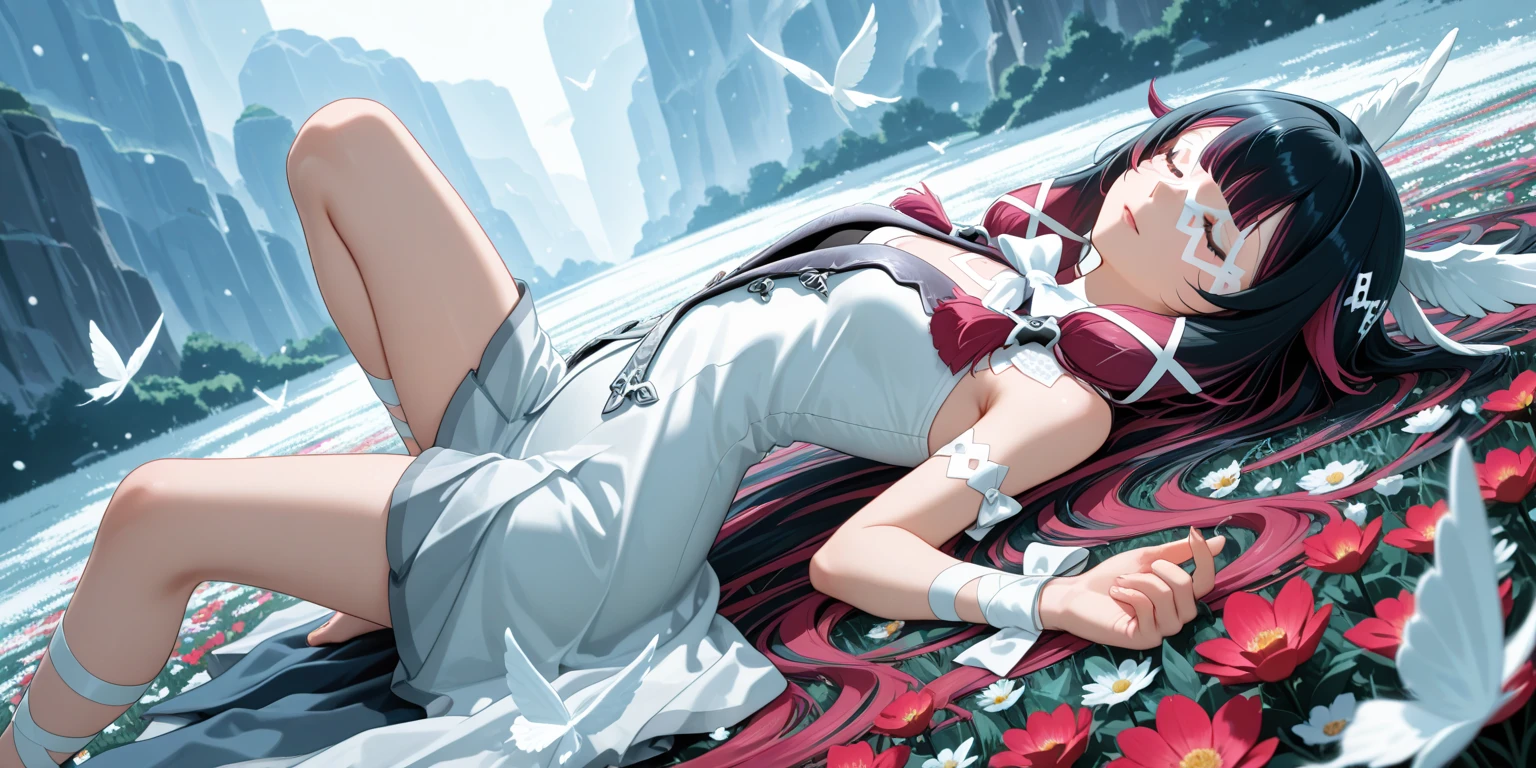 a woman laying on the ground in a translucent dress and heels with her legs crossed and her forehead resting on her hand, closed eye, Chen Lu, fashion photography, a polaroid photo, transgressive art,