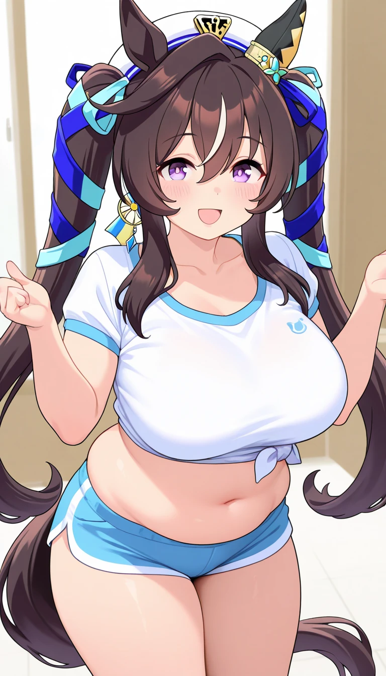 1Girl,daitaku helios(umamusume), umamusume, smile , big breasts, nude, bikini, striped bikini, looking at viewer,masterpiece,very aesthetic, newest, deformed, full body,