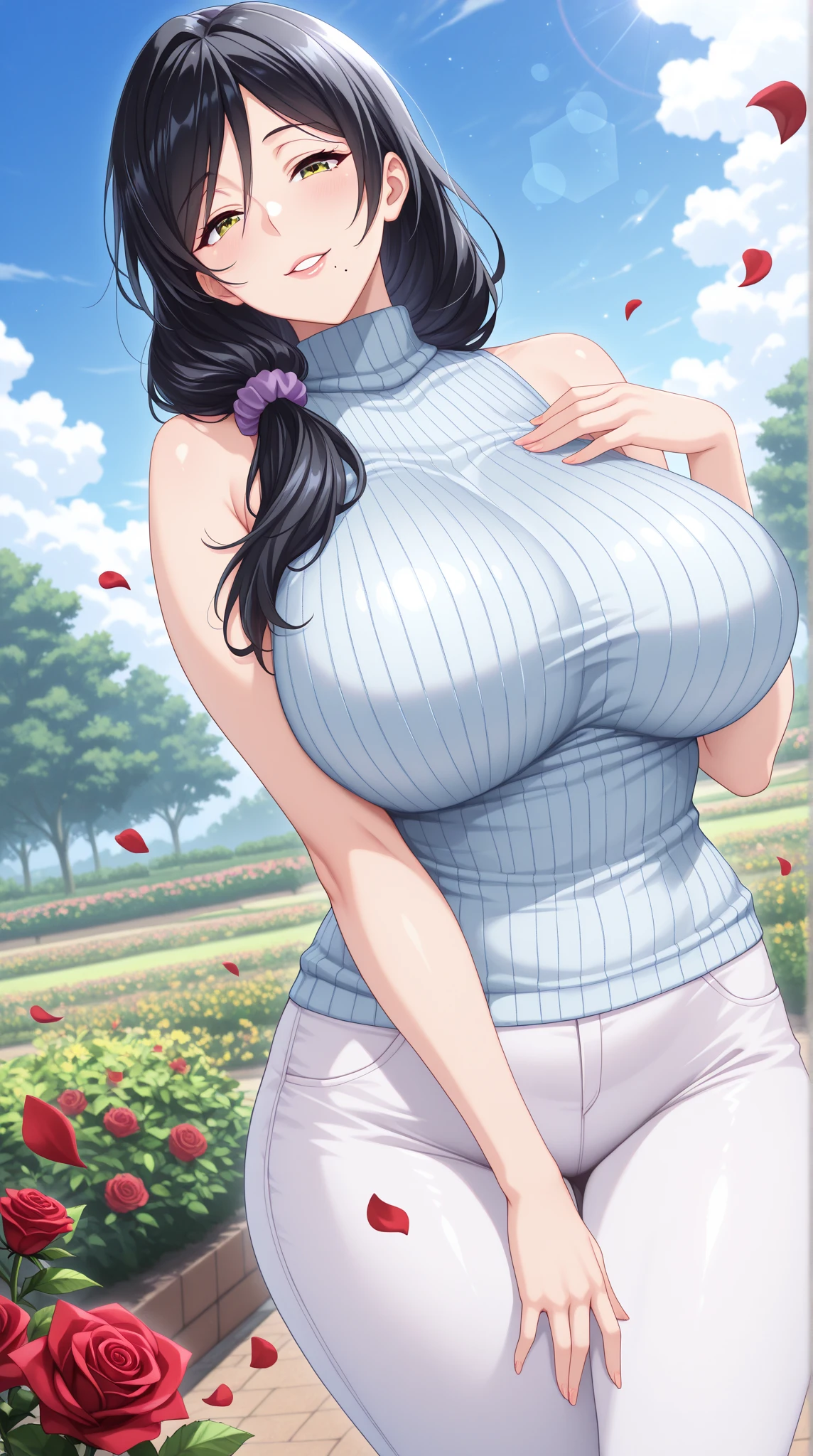 masterpiece, absurdres, hinata\(boruto\), 1girl, solo,mature female, mummy, huge ass, outdoors, flower field, thigh high, cloudy sky, perfect composition, detailed lips, huge breast, cleavage,beautiful face, body propotion, blush, (pink lips), long hair, purple eyes, soft gaze, sad smile, super realistic, detailed, photoshoot, realistic face and body, realistic hair, realistic eyes, realistic nose, realistic lips, black hair, short hair, detailed hand and legs, detailed eyes