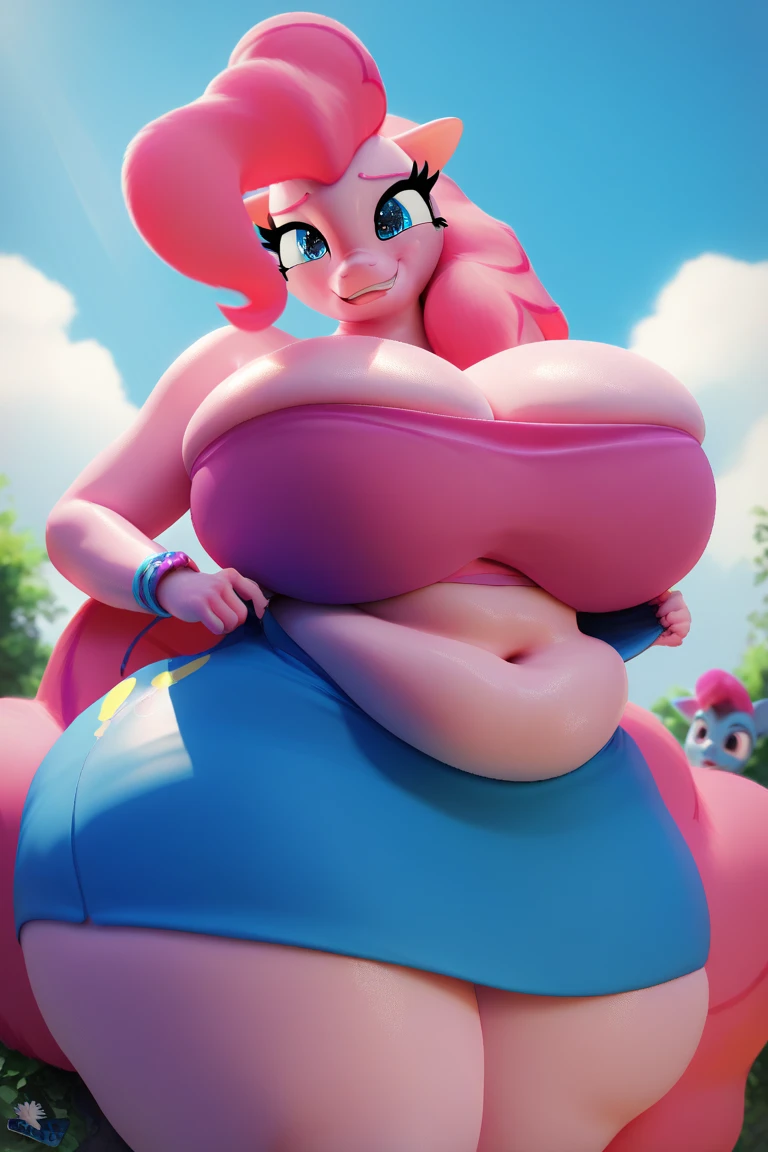 ((anthro pony pinkie pie)), score_9, score_8_up, dream prompt:score_9, female beautiful, detailed cute face, blushing, topless, exposed breasts and nipples, huge breasts, huge nipples, beach, ((pov)), screaming, hyper areola, hyper nipples, milf, curious expression, sunbathing, tan lines, blue bikini, detailed nipples, detailed areola, huge areola, sitting, beach chair