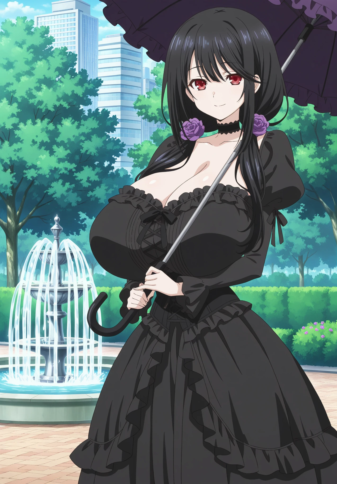 (masterpiece), 1girl, solo, standing in a forest, arrogant face, looking at viewer, front, big breasts, front, cleavage, Mirai, short girl, one eyepatch, evil smile, breast focus, smirk, height 145cm