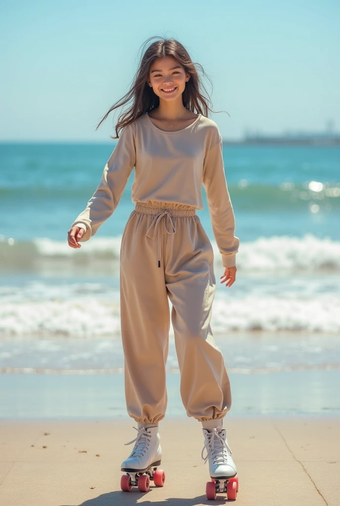 Headscarf on the beach, grey baggy sweatpants, barefoot, sexy skinny woman in white long sleeve t-shirt. Man lying in front of woman. Woman puts her foot on man's sweatpants.