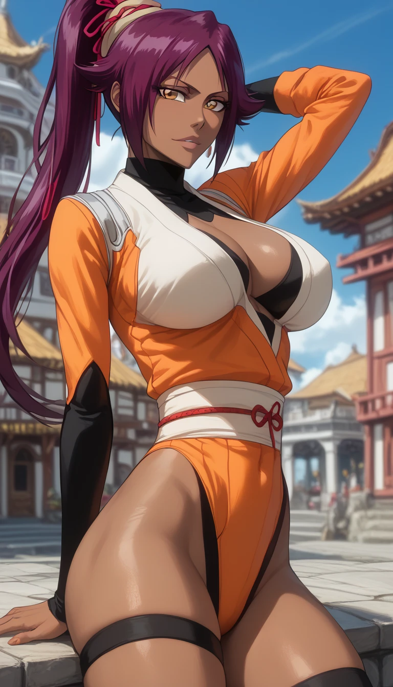 （（（Perfect figure, 1girl, figure，xuer martial arts，Orange kimono，Orange kimono，Black undershirt，（（（shihouin yoruichi，Golden pupil，1girl，dark-skinned female，solo，ponytail，long purple hair ））），（（（wide hips））），S-shaped figure:1.7））），((masterpiece)),high resolution, ((Best quality at best))，masterpiece，quality，Best quality，（（（ Exquisite facial features，looking at the audience,There is light in the eyes，blush，shy，open mouth））），（（（Light and shadow interlace，huge ））），（（（looking into camera，lie on the floor，from above，looking down，open hands，Kurotsuchi）））