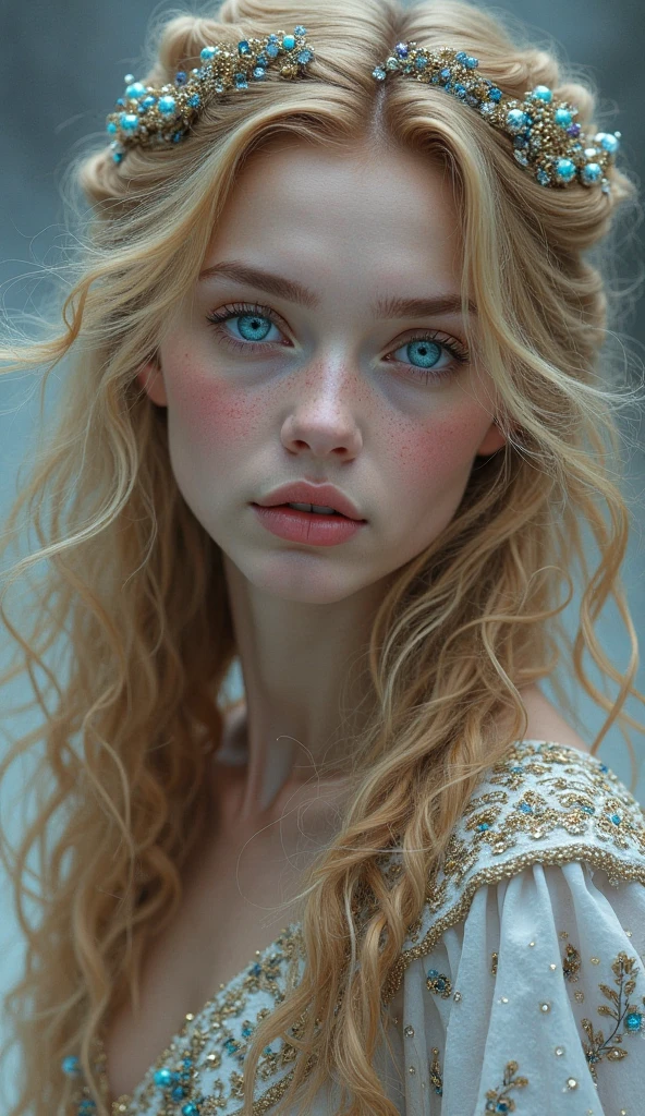 A colored pencil sketch of a beautiful swedish farm wife. crystal blue eyes. rosy complexion. full lips. Sabrina Carpenter. Sudectively dancing in a medow.