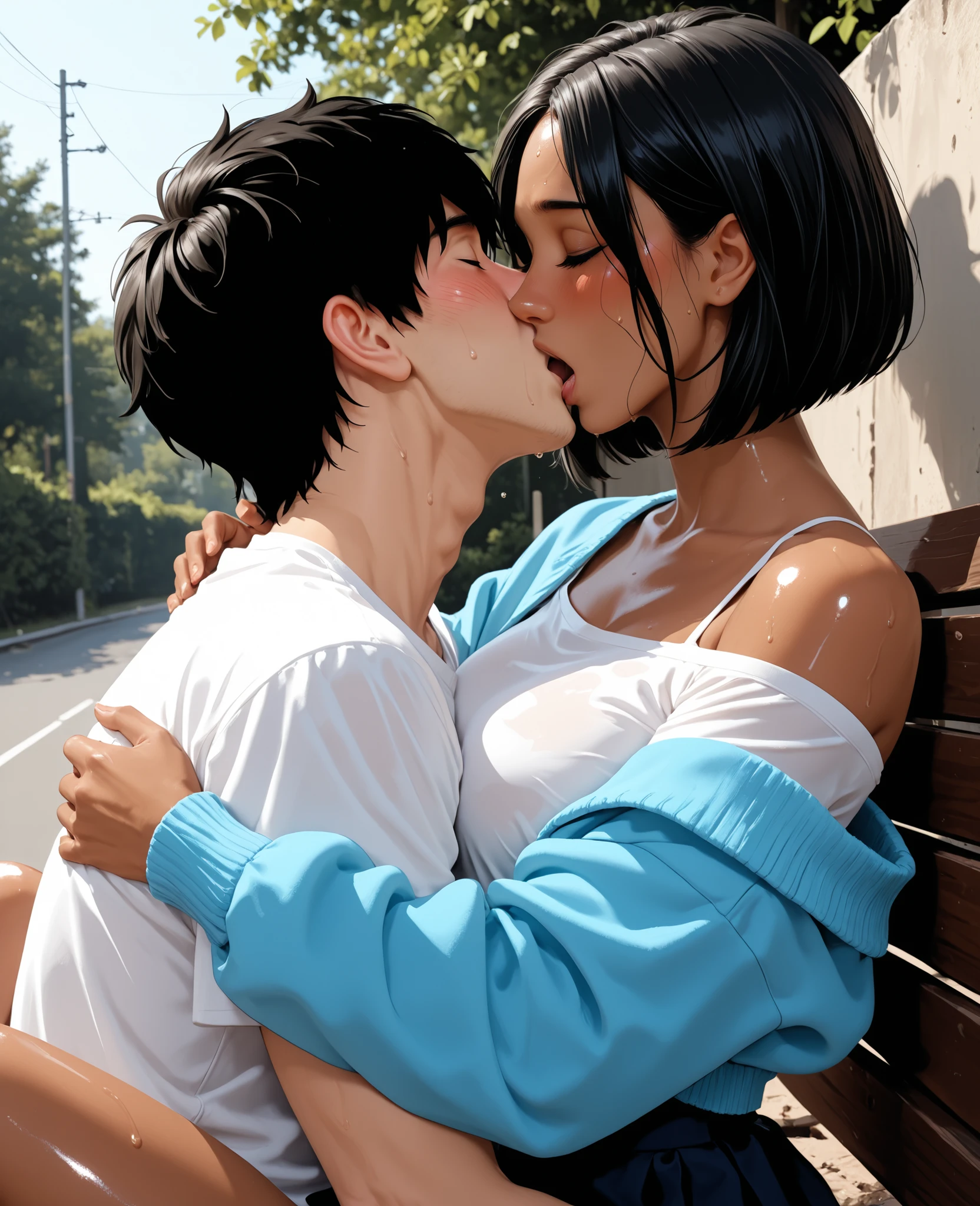 (Colorful adult magazine cover)，(close-up:1.2)，pajamas bare legs， 1 Girl，Take with hand，(Mother and son sex:1.5)，(kiss:1.2)，(A ten year old boy inserts his penis into his mother from behind:1.4)，(hug)，(1boys:1.6)，{Breastfeeding woman, 26 years.},Drunken eyes,Side chest,open on chest,(Sub:1.2),((without sleeves,sensual , Open neckline:1.3)),{tufts of hair，Women's Hairstyle}, (huge breasts:1.2), (areola:1.4)，Ultra thin face, detailed eye, Double eyelid folds，smile，Pervert