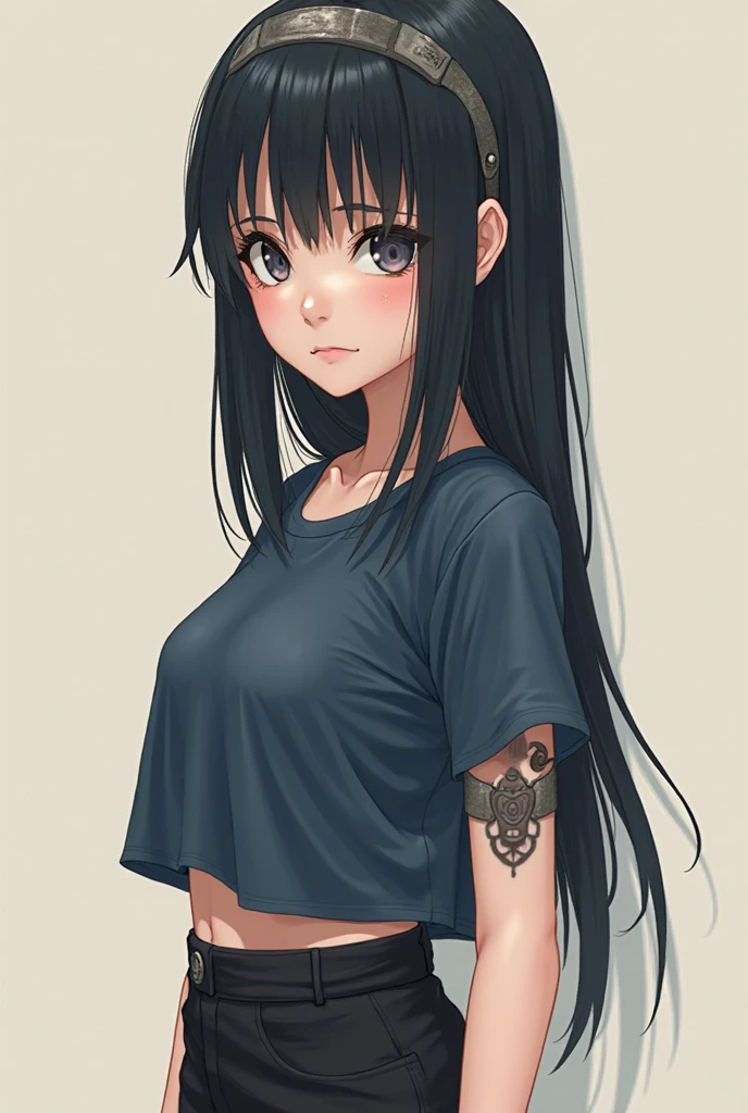 ((masterpiece、Highest quality、Very detailed))、One girl、Black Hair、Long Hair、straighthair、((hair over one eye))、Grey Eyes、evil smile、((Grin))、((lots of piercing))、((Small breasts))、((White T-shirt))、((denim short shorts))、Cowboy Shot、((bent over))、Park Background

