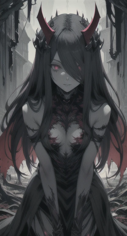 Foggy Forest, ancient female creature, demonic silhouette, fairy shadow figure, red eyes, eyes in the fog, rotting, looking dead, torn wings, 