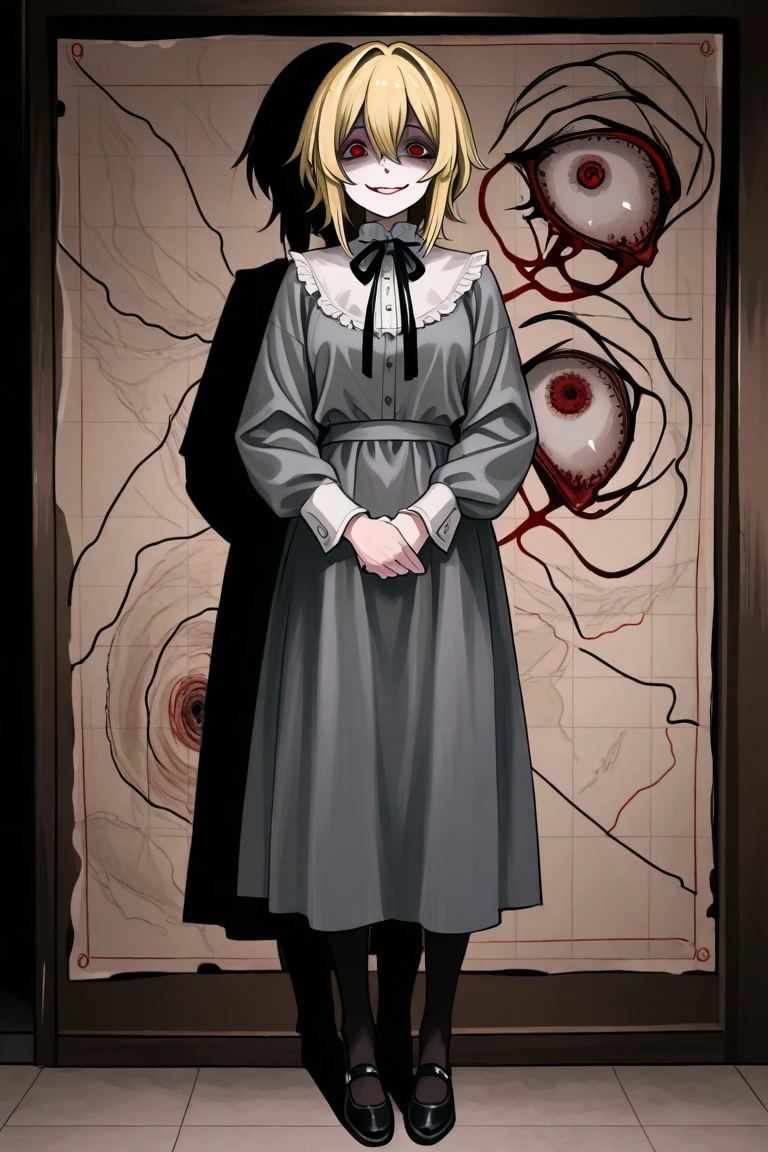 Nightmare theme, Anime style, a living silhouette of a shadow black fog old woman trying to scare a girl from the darkness, red school uniform, blonde, black diary, old victorian house interior, noir, dust and cobwebs, intricate, (mystic:1.4), horror, anime, masterpiece, flat colors, 2d, bold lines, art, best quality, full body, (fractal art:0.4), depth of field detailed background, sharp focus, hyper detailed, 16k, <lora:add-detail-xl:1>
