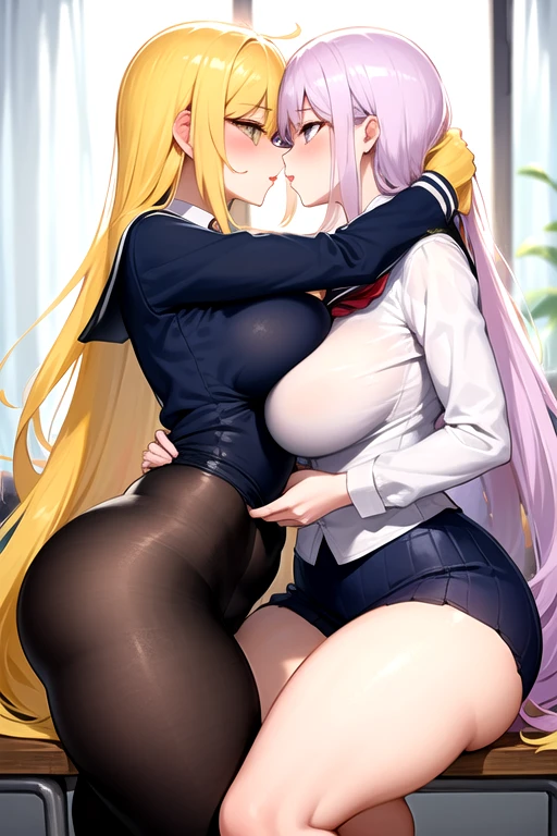 Lesbian (very long loose yellow hair)(big breasts, big thighs)(with clothes it is very tight) that he is kissing at school with his girlfriend,(big breasts, big thighs)lesbian love