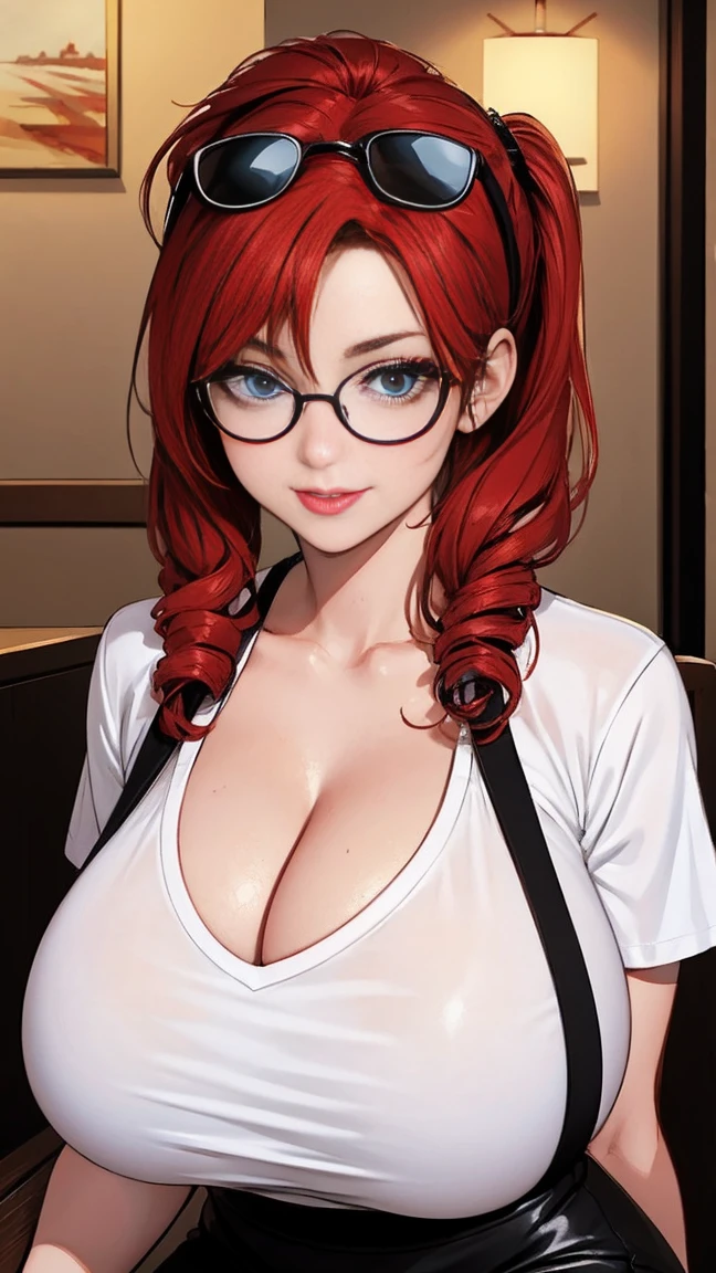 masterpiece, best quality, <lora:lorelei-nvwls-v1-000009:0.9> animeLorelei, purple hair, blue eyes, hair between eyes, glasses, blue jacket, red shirt, cleavage, belt, pencil skirt, large breasts, cowboy shot, from above, pout, furrowed brow, snow