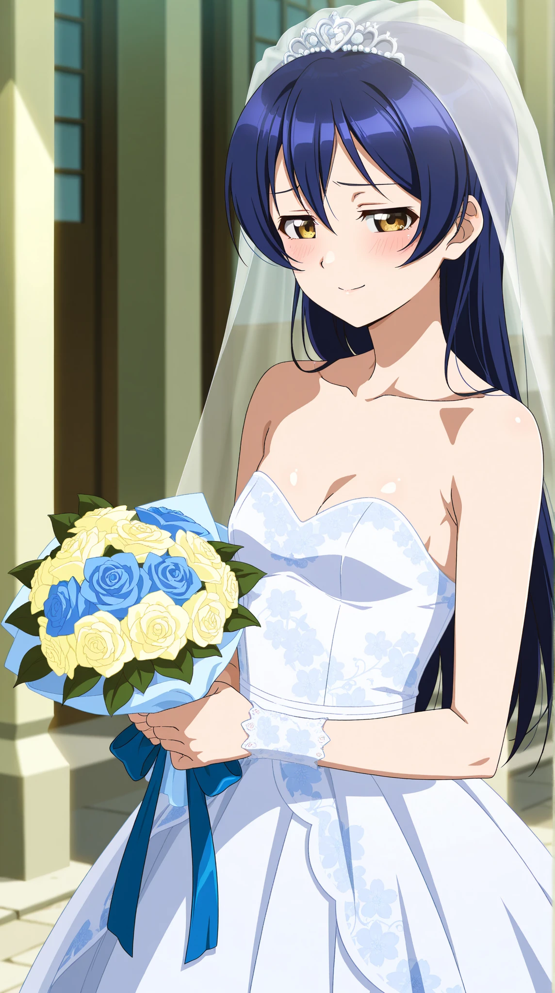 miyuki, 1girl, solo, long_hair, breasts, looking_at_viewer, blush, smile, open_mouth, bangs, blue_eyes, black_hair, hair_ornament, ribbon, holding, bare_shoulders, medium_breasts, blue_hair, standing, full_body, flower, :d, sleeveless, indoors, white_dress, high_heels, see-through, white_footwear, veil, blue_theme, bouquet, wedding_dress, bridal_veil, holding_bouquet