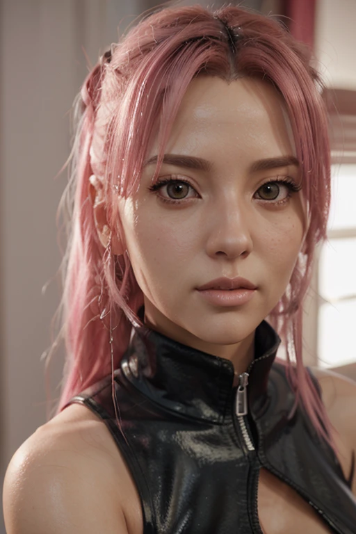 A close-up of a woman with pink hair and a leather jacket., toques de yaoi kasuma, yaoi kasuma, Inspired by Ayami Kojima, Deayami Kojima, Inspired by Taiyo Matsumoto, 8k portrait rendering, Portrait of Jossi from Blackpink, mamimi samejima, female character, cinematic bust shot