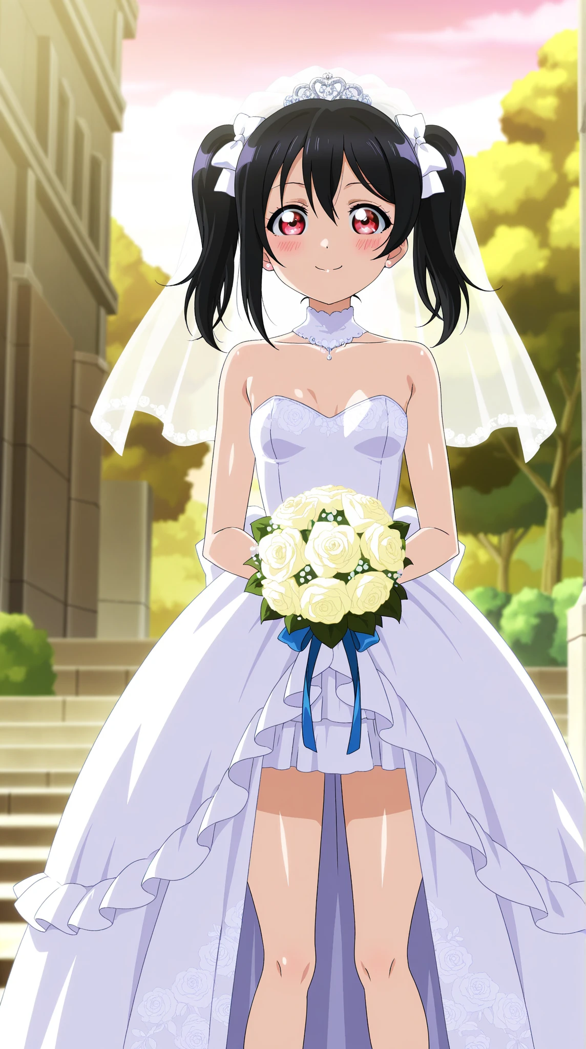 masterpiece, best quality, highres, wedding dress, white dress, garden, holding bouquet, confetti,Shoulder Bare、midriff peek、bare legs、very Long veil、(She showed off her white panties:1.5)、Open your mouth、smile、((Glowing Skin;1.2))、cameltoe、SHYHero,momijiyama teru,