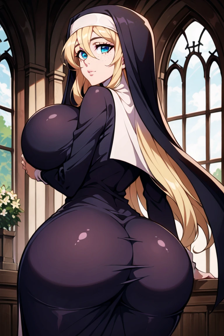 masterpiece,(bestquality),highlydetailed,(mature female:1.5),(milf:1.3),(mature:1.2),(blonde hair:0.9),(wavy hair with big curls:0.8),(long hair:0.8),(ample bosom:1.4),(blindfolded:1.1),(alluring:1.3),(French woman:0.9),(nun outfit:0.9),(seductive:1.2),(white stockings:0.8),(Nun dress),(Prayer gestures), (White background)