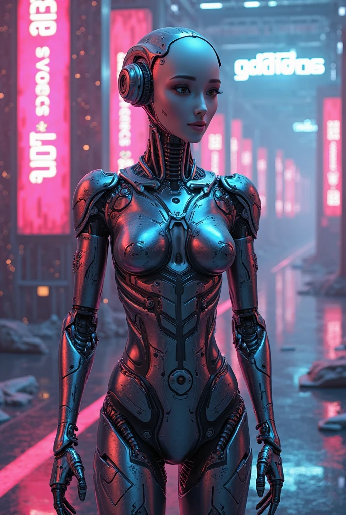 A realistic robot, with pieces of human flesh, many implants, cyberpunk scenario, unreal engine, UHD