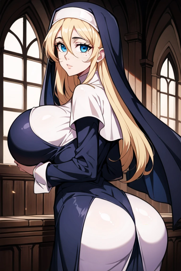 score_9, score_8_up, score_7_up, score_6_up, source_anime, BREAK 1girl, solo, Sigui, jewelry,necklace, long brown hair, Bangs, purple cape on her head, green eyes, long sleeves,white panties, white bra, cleavage, smile face, legs focus, thick legs, huge breasts, front, looking at you, grin, standing, church