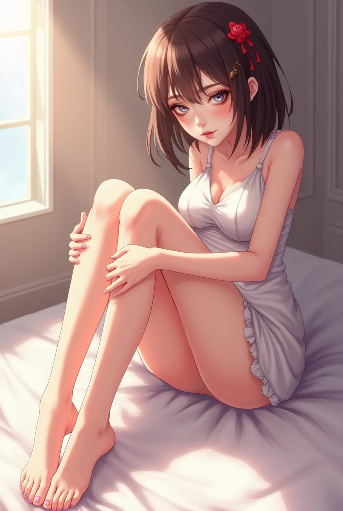 1girl, solo, masterpiece, best quality, high res, highly detailed, (illustration), beautiful detailed eyes, yuigahama yui, single hair bun, glossy lips, light makeup, sneakers, (view from front ) The image features a beautiful Asian woman with long brown hair, sitting on a white bed. She is fully naked and poses for the camera with her hands on her thighs. The room has pink walls and white bedding, creating a clean and minimalist backdrop. The woman's perfect body is accentuated by her youthful and innocent facial expression.