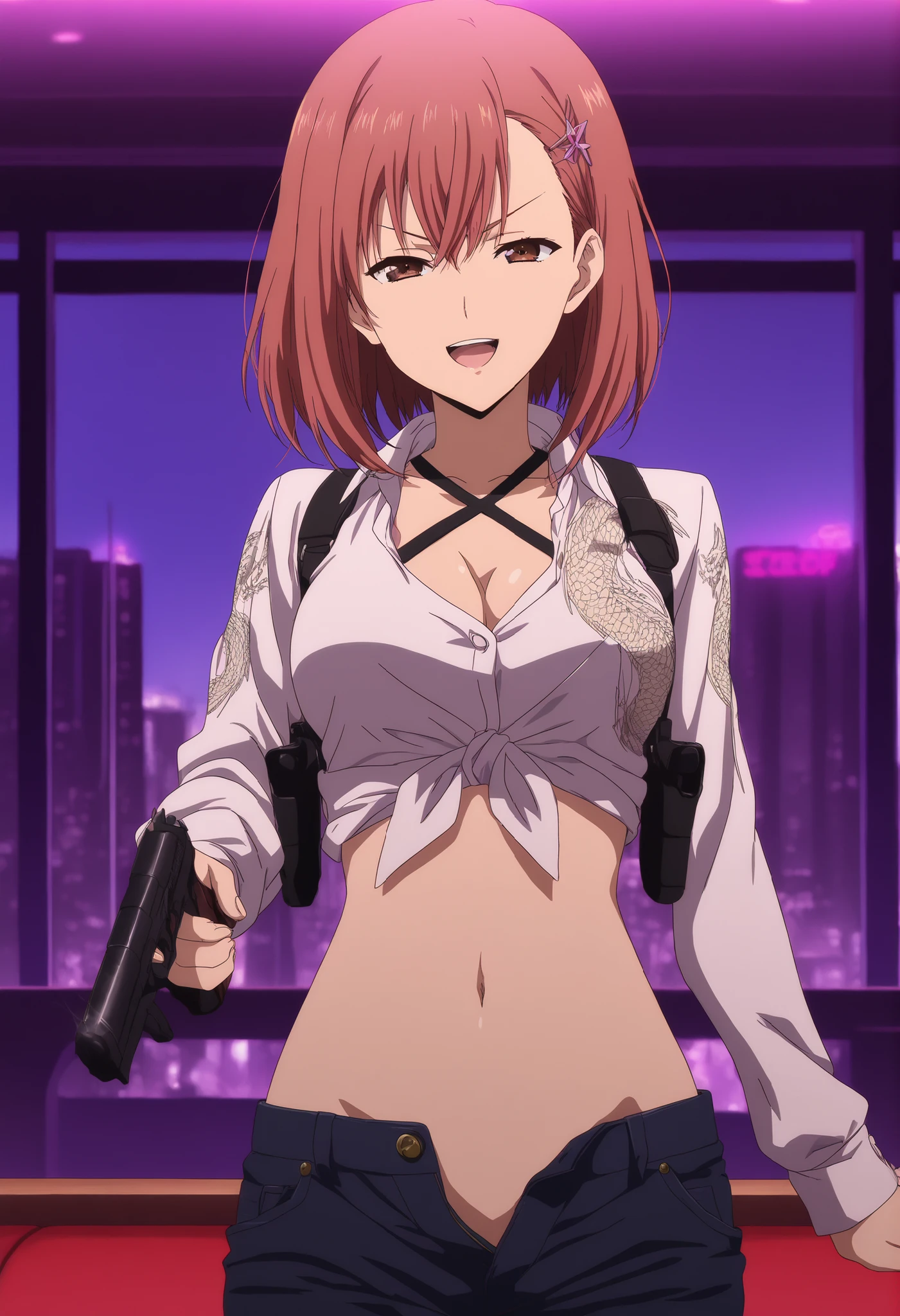 score_9, score_8_up, score_7_up, score_6_up, score_5_up, source_anime, medium breasts, 1girl, solo, ogura yumi, brown hair, medium hair, pink hair pin, brown eyes, oguraschoolsummer, cross necklace, bar background, inside bar, indoors, cityscape, casino, nightclub, city lights,, pull_down jeans(show off panties,:1.2, no panties),masterpiece,high quality,4k,belly,,holding pistol,cleavage, ,unbuttoned shirt, collared shirt, knot, smile, open mouth, (nsfw) not safe for work, evil expression,belly, exposed navel, exposed midriff, exposed lower belly,dragon print jacket, unbuttoned jeans , low rise black jeans, Low rise jeans with open fly, , criss-cross halter, shoulder holster,,medium breast ,looking at viewer , dragon tattoo on waist, narrowed eyes, tattoo on waist, anipai_style , anime screencap , anime coloring, v-shape eyebrows,