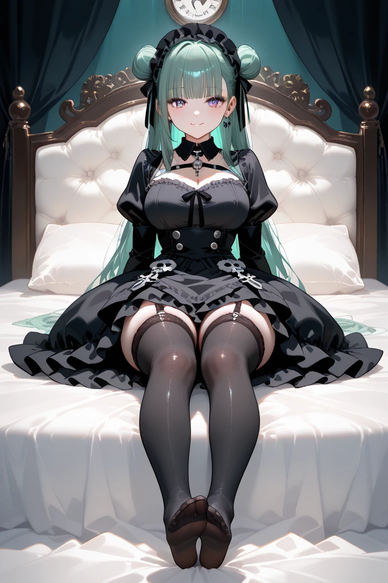 High quality, masterpiece, ultra-detailed, 1girl, bunny maid outfit, solo, peaceful expression, long black hair, enchanting eyes, blue and green eyes, heterochromia, bunny ears, ridiculously large breasts, shiny skin, bedroom