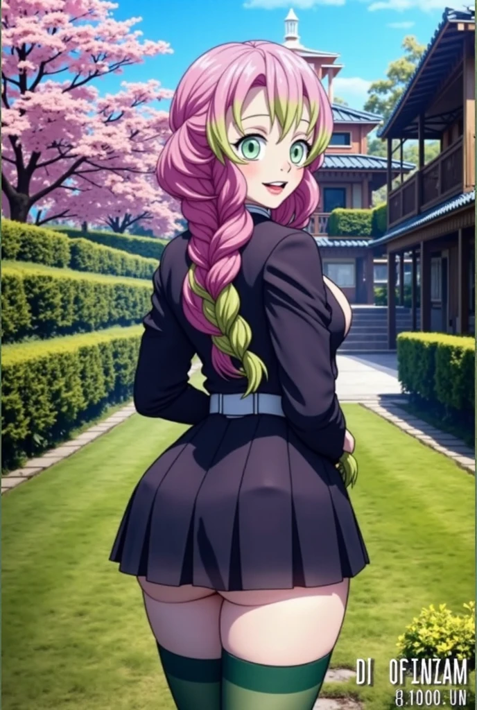 ((1girl)),((alone)), Mitsuri kanroji,(masterpiece), (best quality), (ultra detailed), (best illustration), (best shadow), (absurdities), sharp focus, cowboy photo , looking at viewer, large breasts, narrow waist, wide hips, medium thighs, round butt, dynamic posture, demon hunter uniform, solo, mole under the eye, mole, breasts, green eyes, thigh highs, pink hair, green tips ,smile, multicolored hair, cleavage, green knee-high stockings, bare thighs, black skirt, short skirt, long hair, braid, belt, seductive smile, closed mouth, (sexy pose: 1.2), alone, standing: 1.3, outside, night, forest, trees, moon, looking back, from behind, ((focus on ass)), point of view (from middle), red blush, perfect anatomy, perfect hands