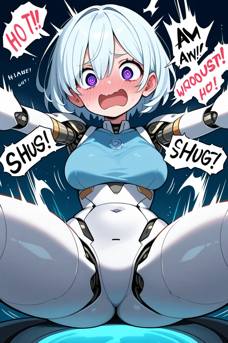 ((masterpiece)), ((best quality)), (ultra-detailed), ((kawaii)), cute, (lovely), ((sexy)), (ero), ((extremely detailed)), 4K, (8K), best quality, (beautiful), upper body, bedroom, a pretty woman, solo, robot suit, robot, beautiful silver hair, beautiful green eyes, ((beautiful eyes)), white-skinned, short hair, blunt bangs,orgasm,smile,parted lips,saliva,gigantic breast,breast milk,m legs,lying on back,show off nipple,pov,1 boy, penis, breasts blowjob, paizuri, penis is between breasts, penis in breasts, breast squeeze,cum on breasts