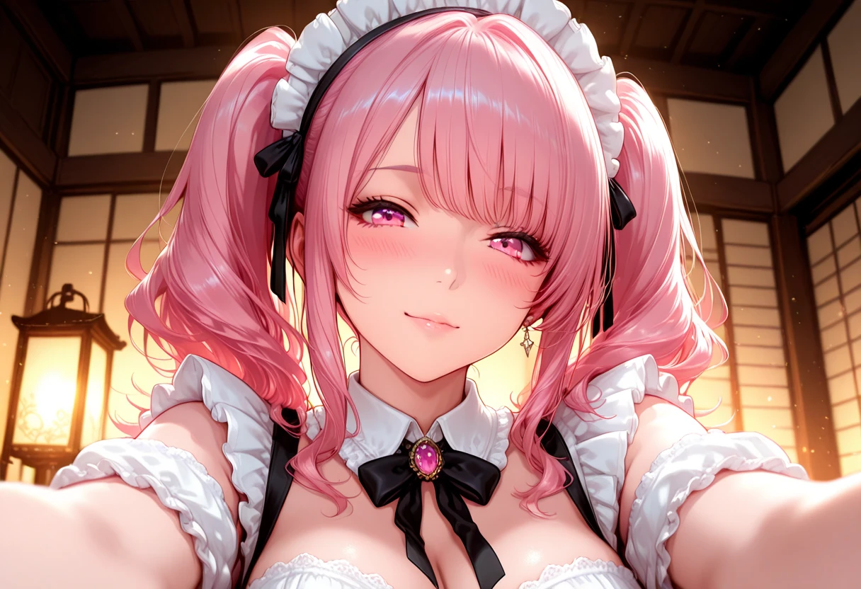 (highest quality:1.2, Very detailed, up to date, Vibrant, Ultra-high resolution, High Contrast, masterpiece:1.2, highest quality, Best aesthetics), Portraiture、girl、singer, solo, ((25-years-old:1)), Bright colors, Beautiful fine details、Beautiful lip detail、medium wave hair、red and white ((streaked hair:1.6)), highlights hair: 1.5, red eyes, slim body, medium breast, (tan skin:1.1), (Floral Fineline tattoo design on left arm:1), sexy Maid costume, cat ears, (cat whiskers:1.4), cat makeup, in Maid Cafe, ((leaning forward:1)), cowboy shot,