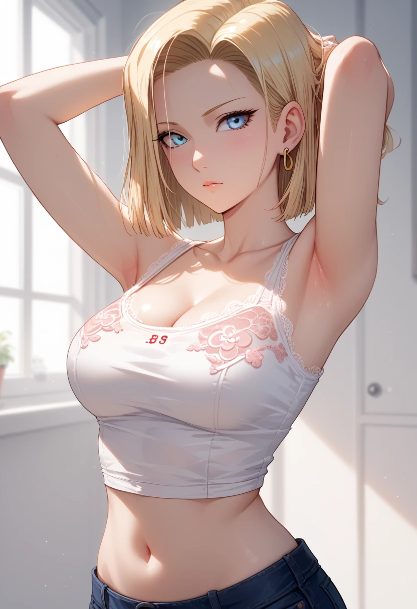 (highest quality, High resolution, perfect pixel, Depth of bounds written, 4K), (from above), detailed eyes, (1 girl), perfect body, medium breasts, blond hair, (side ponytail), (white t-shirt lift:1.5), (show off bra:1.2), (v-neck), (black suspender skirt), necklace, (kneehighs), bellybutton, (standing), (breast hold), (looking up), blush, embarrassed, wet,