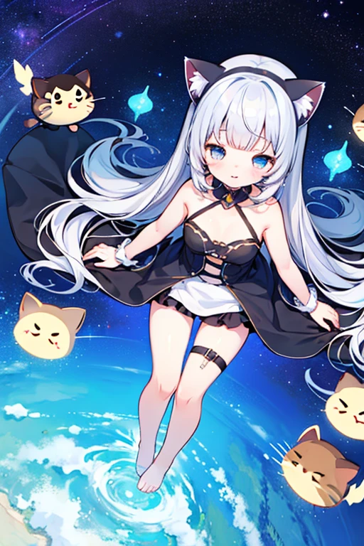 Beautiful illustration, best quality, cute girl, ((A cave with magic lights)), pastel color, natural tones, Platinum bangs, ((Cat girl)), ((Black leotard)), pale skin, ((Naughty smile)), bright lighting, ((Big eyes)), ((Perfect hands))