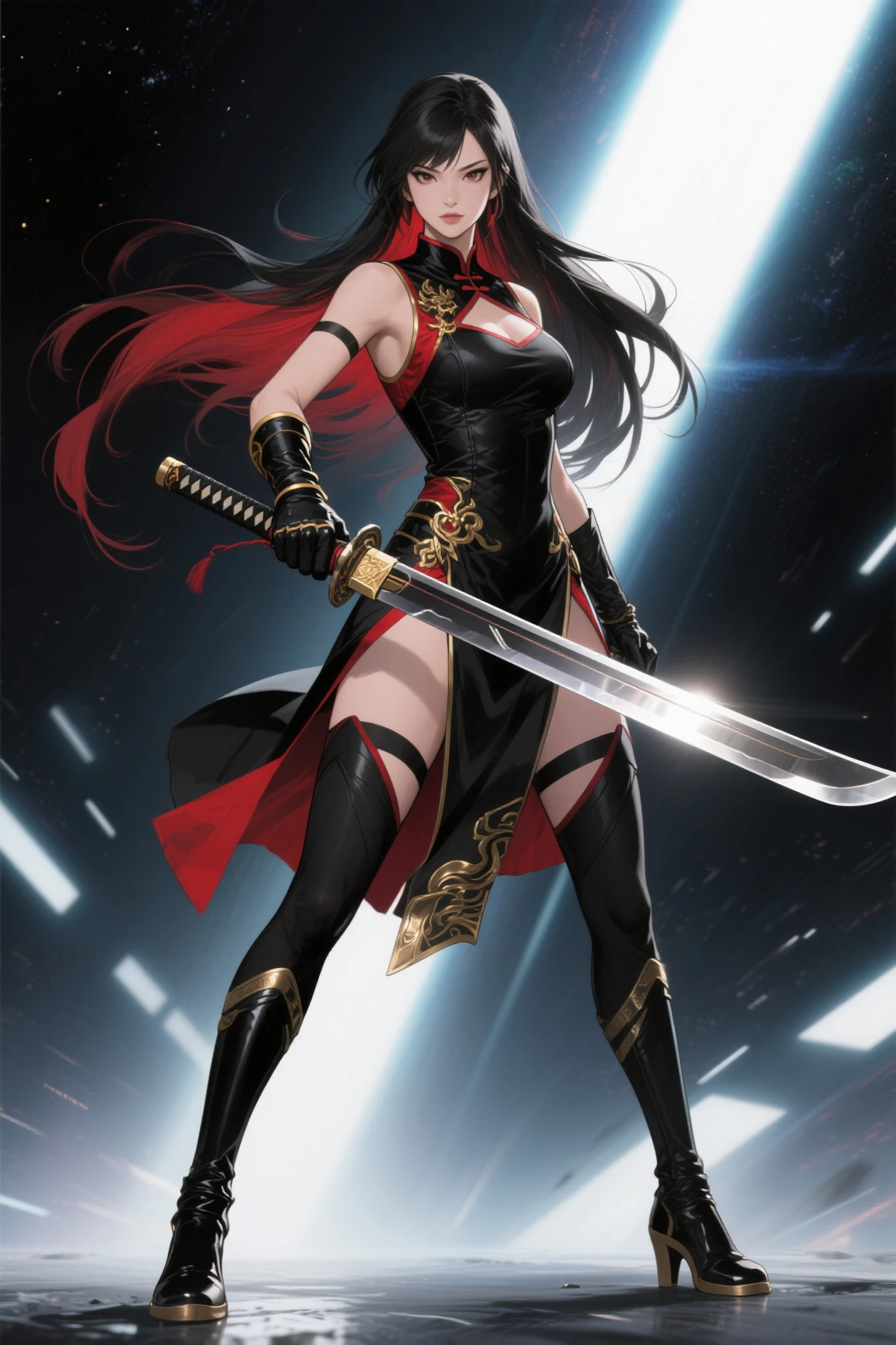 Female swordsman with a sword、Black jacket、Black tight pants、Wine red vest、Black Cutter Shirt、Wine red tie、Wine red, slightly short hair、White background、There is a rose on the dress