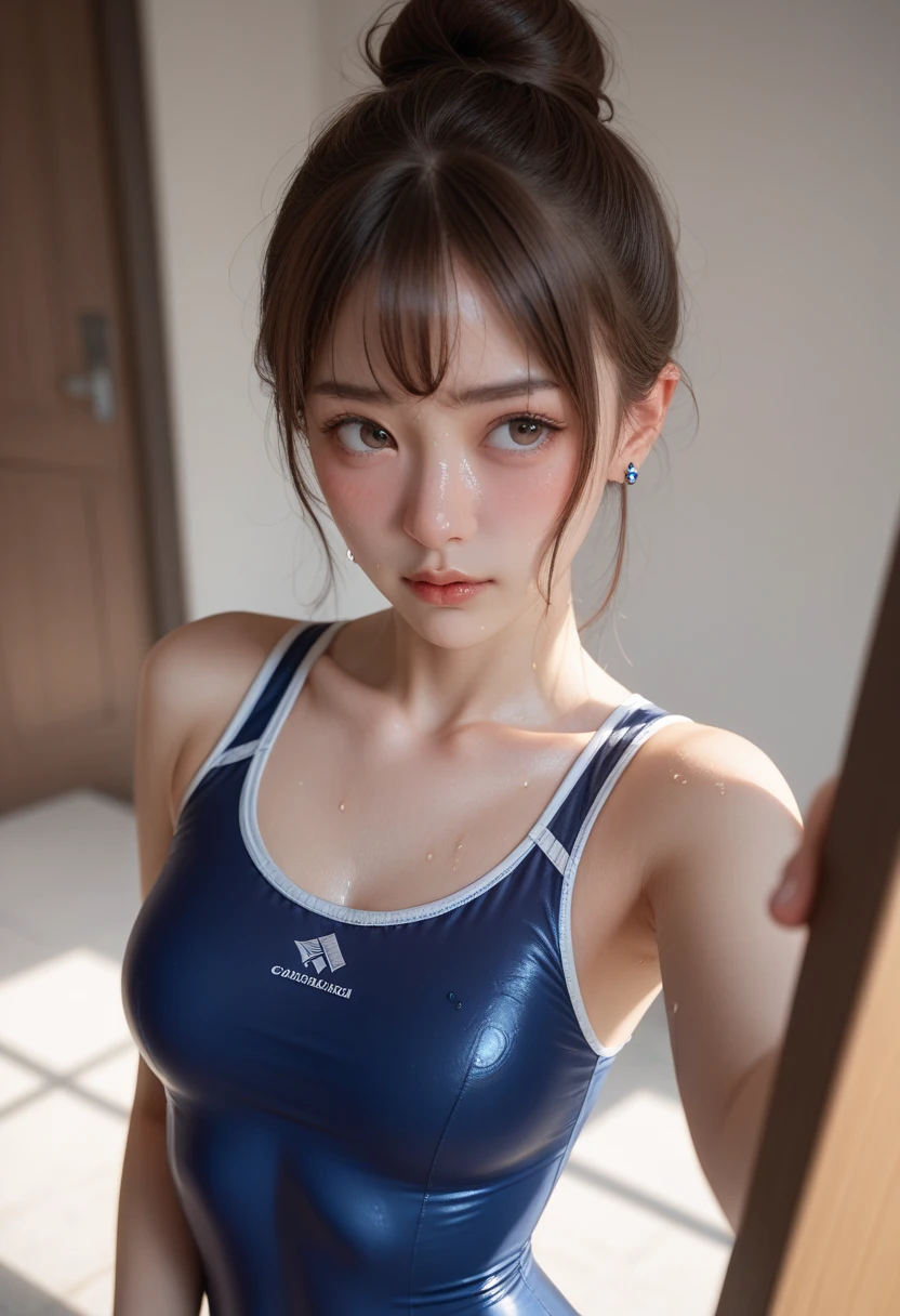 (8K、Raw photography、Photorealsitic:1.25)、(lipgloss、Eye lashes、Gloss Face、Glossy skin、top-quality、超A high resolution、depth of fields、chromatic abberation、Caustics、Broad lighting、Natural Shading、Kpop Idol)Gaze at the audience with silence and goddess-like bliss、Competitive swimsuit、Lie down、bangss