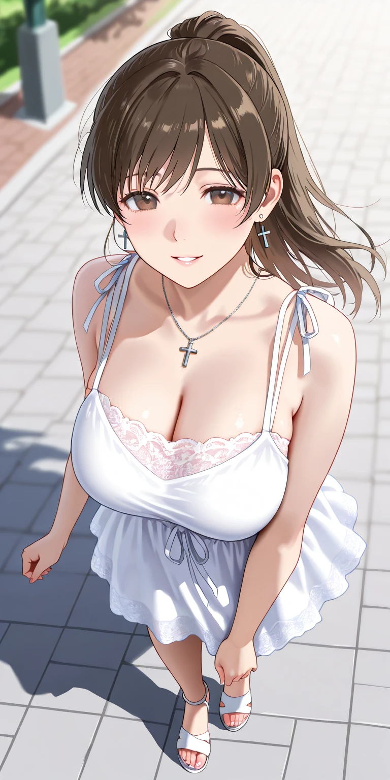 (masutepiece), (pantypull, Undressing, frombelow) , Leaning forward,  1girl in, Beautiful face, Brown hair in the middle , (Lips of desire:1.4) Photo taken by SLDR, Happy, high detailed face, Soft light, , Summer dress), Soft skin, (Sunset, the golden hour)