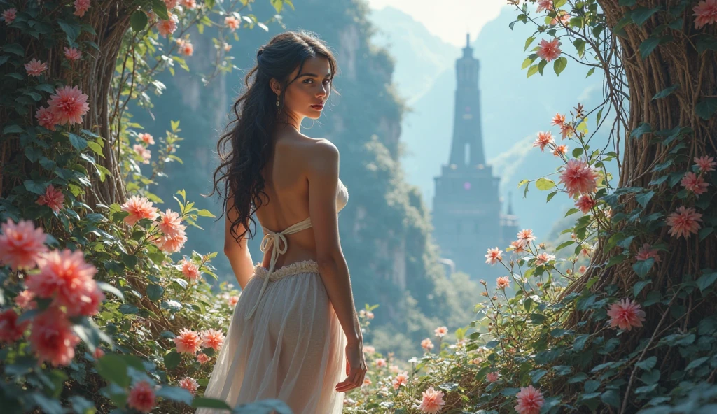 portrait of ellie from tlou 2 in a white sheer see through athenian goddess dress, romantic braid updo with flower hair, half naked, sexy, see through , long sleeve, slim body, skinny, sexy pose, hdr, 2160p, on the sky, 4k ultra hd, depth of field, realistic, beautiful greek temple town on top, pandora world, fantasy, fairytale, floating islands, highly detailed, fantasy, beautiful sky, mount olympus from god of war, 24mm f2.4, elegant delicate beautiful, full of flower, shiny, --auto --s2