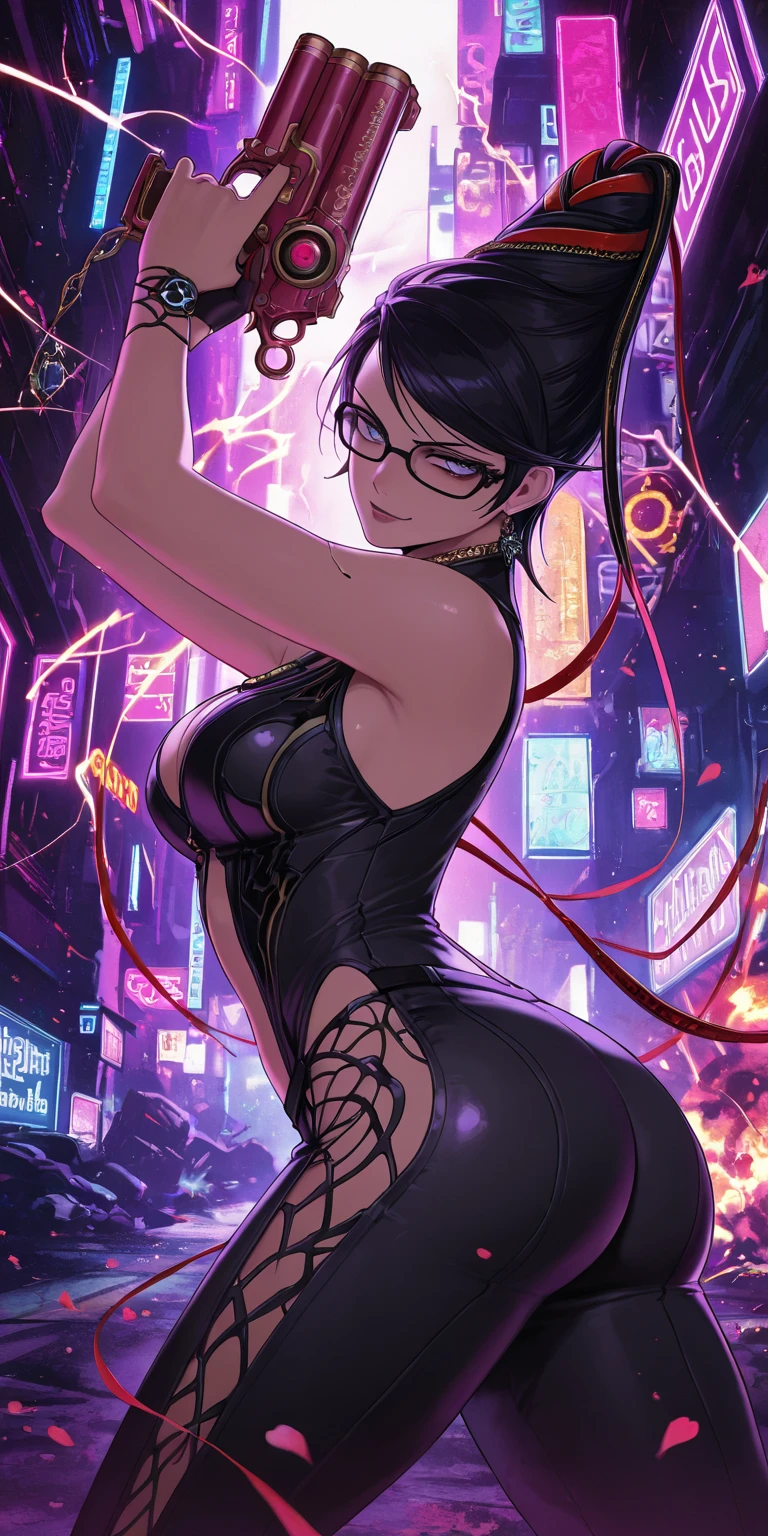 (masterpiece, best quality, high resolution, 8k), cowboy shot, BREAK, girl  style anime, well defined eyes, high definition eyes, perfect body, perfect anatomy, eyelashes and black shadow under the eyes, detailed, round eyes with eyelashes and highlighted eye shadow, BREAK, wearing blue glasses, wering a wearing a black choker, brown light eyes, brown hair, jinx hair, wearing royal metallic blue high-neck long-slit dress thick high heels, blue, round butt, perfect curves, with watch  on her hands, medium breast, BREAK, girl singing in a karaoke with a microphone, big speakers and subwooferlaser lights and colorfull ballons in a party house.