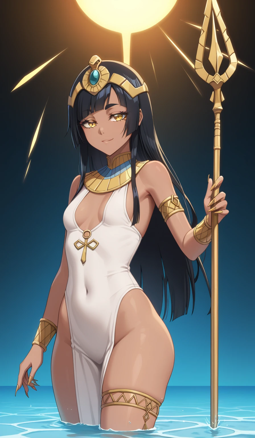 female, black long hair, red eyes, dark skin, (((1girl))), (((black and gold Egyptian dress))), (gold heeled sandals), (gold headdress), (gold jewelry), cute and sexy, full body, large breasts, large butt, long legs, smiling, standing