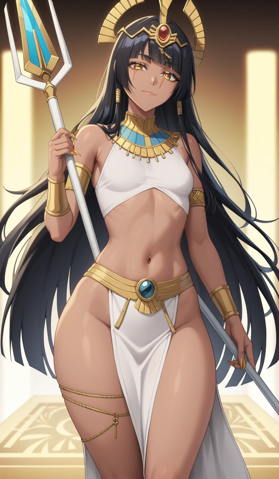 1girl,solo,(dark skin),cat ears,black hair,hair between eyes,long hair,yellow eyes,huge breasts,holding,hand on hip,open mouth,smile,revealing clothes,(see-through,egyptian,ankh),bare shoulders,(naked tabard:1.2),(sideboob,navel),pubic tattoo,(pelvic curtain),circlet,headpiece,armlet,thigh strap,earrings,hair ornament,jewelry,gold trim,staff,desert,pyramid (structure),cowboy shot, masterpiece, best quality
